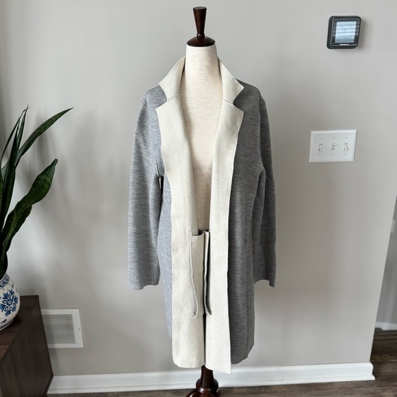 Eileen Fisher Merino Wool High Collar Long Sleeve Open-Front Raw Hem Cardigan - Picture 3 of 11